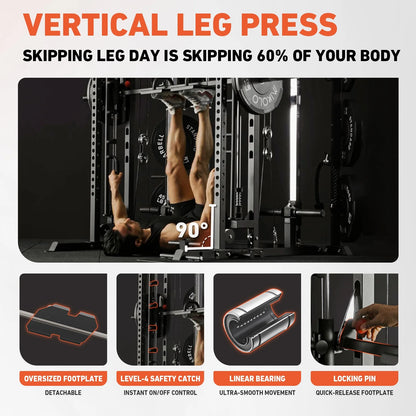 Smith Machine, All-In-One Power Rack Cage with Vertical Leg Press, 2000LBS Power Cage Squat Rack with Smith Bar, Dual Pulley Cable Crossover System for Home Gym with Weight Bench